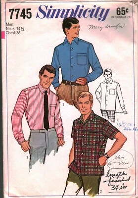 7745 Camisa De Colección Simplicity Patrón de Costura Para Hombre Botón Delantero Manga Larga Foto 1 de 2