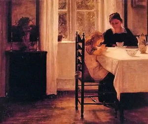 Nice Oil painting carl vilhelm holsoe - breakfast time mother daughter by table - Picture 1 of 1