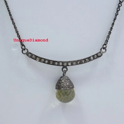 Natural Diamond Lemon Quartz Silver Handmade Oxidized Necklace Gift Item jewelry - Image 1 of 4