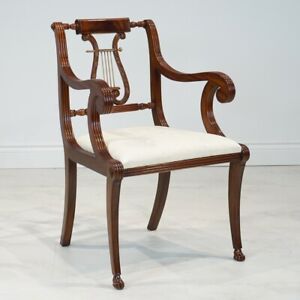 Set of 6 mahogany Lyre back Regency style chairs Traditional carved white fabric