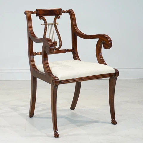 Set of 6 mahogany Lyre back Regency style chairs Traditional carved white fabric Cover