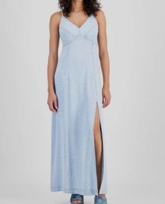 Vestido maxi jeans Guess feminino azul cruz estampa floral fenda frontal gola V tamanho P - Imagem 1 de 4