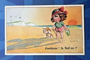 Donald McGill Comic Postcard 1916 Girl Bulldog Puppy Sun Beach Shadow No 1554 - Picture 1 of 2
