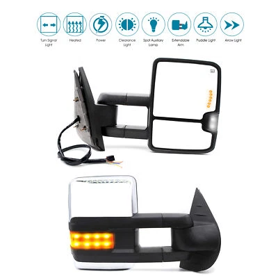 Espelhos de reboque aquecidos a energia compatível com 2010-2013 Chevy Suburban 1500 2500 LH RH cromado - Imagem 1 de 4