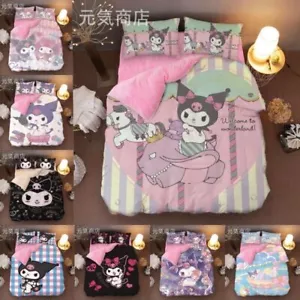 Cartoon Kuromi Bedding Set Fannel Sheet Quilt Cover Pillowcase Dormitory 4 Pcs - Picture 1 of 42
