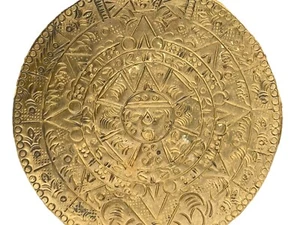 "Placa de cobre martillada calendario maya vintage ~ firmada HECHO EN MEXICO JGG ~ 8""" - Imagen 1 de 7