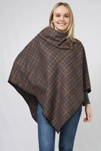 Anthropologie Stil Damen kariertes Muster Kokosnuss Knopf Poncho Ruana Strickjacke - Bild 1 von 12
