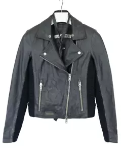 SUPERDRY Leather Jacket Women's XS Notch Lapel Self Tie Knit Insert Biker - Picture 1 of 23