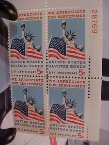 USA PLATE BLOCK #28769/ 25th ANNIV.  UNITED STATES BONDS / U.S. POSTAGE 5 CENTS - Picture 1 of 1