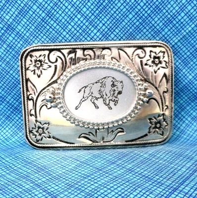 Hebilla de cinturón Western Bisonte floral pergamino grabado montaje de metal de colección años 80 EE. UU. .DBD343 Foto 1 de 4