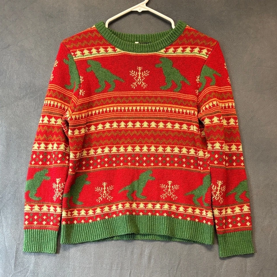 Suéter feo de Navidad de dinosaurio XL para niños rojo verde mezcla de lana tejido navideño Foto 1 de 4