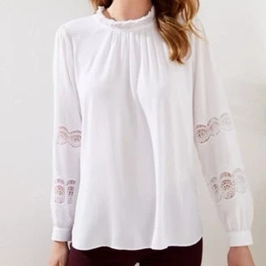 Loft Langarm Bluse Damen Gr. XL weiß Rüschenausschnitt Vintage Look Ösenausschnitt - Bild 1 von 8