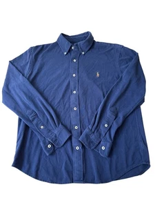 Polo Ralph Lauren Shirt Mens M Blue Knit Oxford Long Sleeve Green Rider Pony - Picture 1 of 6