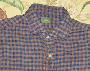 Camicia media SID MASHBURN blu marrone lino gingham manica lunga con bottoni - Foto 1 di 3