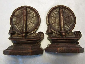 Vintage Syroco wood bookends Candle w/ holder & reflector BROWN 6.50”tall 1940s - Picture 1 of 5