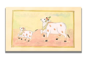 Pintura en miniatura hecha a mano de animal de vaca y becerro 6 x 11,6 pulgadas "PN13295" - Imagen 1 de 5