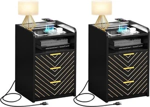 Modern Bedside Table Nightstand W/ 3 Drawer Wireless Charging Station & USB Port - Picture 1 of 8