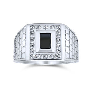 2CT Black Emerald Cut CZ Halo Mens Engagement Ring Imitation Onyx
