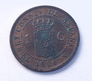 Spain 1 Centimo 1906 Alfonso XIII Bronze Coin #212 - Picture 1 of 2