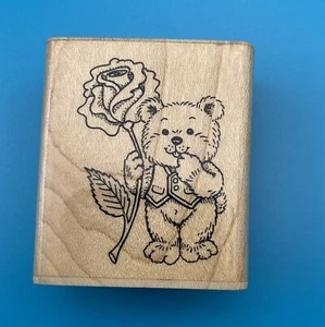 Teddy Bear w/Rose~Wood mounted rubber stamp~Penny Black 415D~1991~Rare - Picture 1 of 6