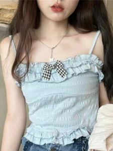 Kawaii Lolita Tank Top Female Bow Pink Sweet Halter Top Women Blue Summer Vset - Picture 1 of 15
