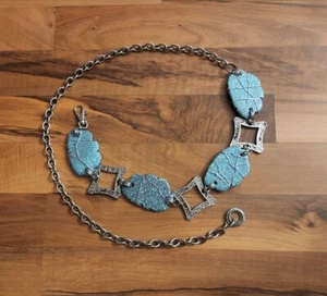 Wrapped Faux Turquoise Flat Rocks & Silver Square Accents Chain Belt 46" long - Picture 1 of 9