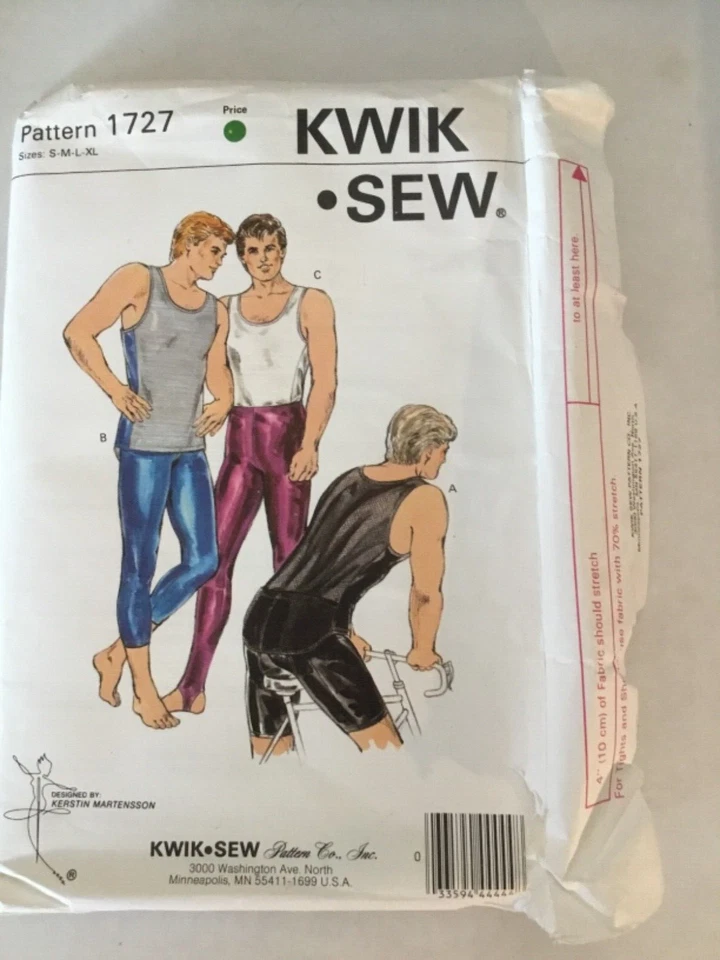 NEW KWIK Sew Pattern 1727 Men's S - XL Stretch Bike Shorts Tank Top Tights 80’s - Image 1 of 1