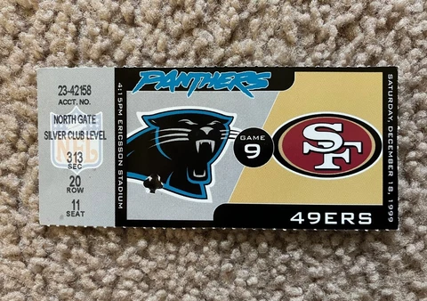 1999 Carolina Panthers vs 49ers Jerry Rice TD M Muhammad NFL Football Ticket Cover
