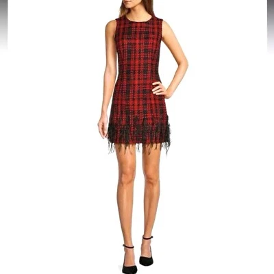ANTONIO MELANI Sz 10 Irine Dress Feather Hem Red Black Tweed Cherry On Top NEW - Image 1 of 4