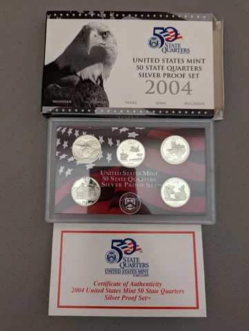 2004 S US Mint 50 State Quarters Silver Proof Set - Original Box & COA Cover
