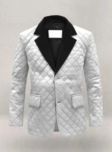 Men's White Soft Genuine Sheepskin 100% Leather BOCELLI QUILTED Coat Blazer - Picture 1 of 10
