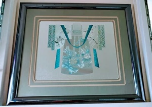 Japanese Culture Kimono Blue-Silver Foil Laser 3D-Cranes- Sakura Blossoms-Hawaii - Picture 1 of 12