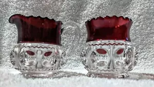 U.S. Glass Kings Crown Ruby Flash Creamer & Open Sugar Bowl - Picture 1 of 8