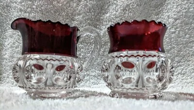 U.S. Glass Kings Crown Ruby Flash Creamer & Open Sugar Bowl - Image 1 of 4