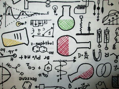 CHEMISTRY BEAKERS MATH PASTELS COLORS WHITE COTTON FABRIC FQ  - Image 1 of 4