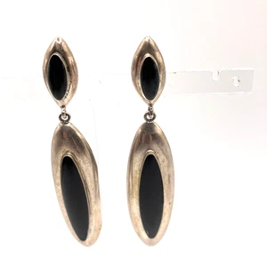 Long 833 Portugal silver earrings black inserts stamped with makers mark vintage - Picture 1 of 11