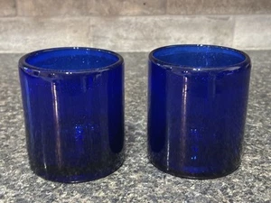 COBALT BLUE HAND BLOWN Rocks Old Fashion Juice Thick Glass, GLASSES SET OF 2 - Picture 1 of 10