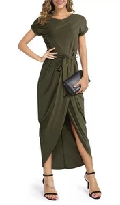 GRECERELLE Women's Short Sleeve Casual Long Dress Elastic Waist Slit Front Sz L - Picture 1 of 4