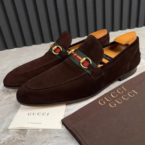 GUCCI Jordaan Brixton Horsebit Web Mocasines Marrón Gamuza 10 G o 10.5 EE. UU. o 44 EUR - Imagen 1 de 14