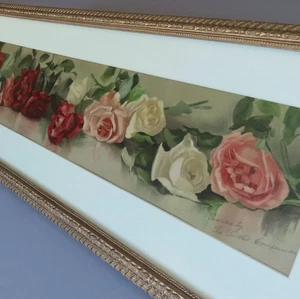 Antique c1891 Yardlong Chromo Colorful ROSES Orig GILT Wood Gesso Frame V JANUS - Picture 1 of 11