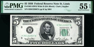 1950 $5 St. Louis *WIDE II* Federal Reserve Note 1961-H Wide 2 PMG 55 EPQ *RARE* - Picture 1 of 2