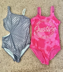 Lot Of 2 Justice Mermaid Logo Adjustable Straps One Piece Swimsuit Size 10 - Picture 1 of 6