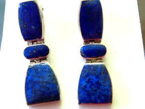 Vtg Sterling Silver 950 Blue Lapis Pierced Dangle Earrings Hinged Geometric - Picture 1 of 4