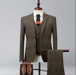 Traje de hombre 3 piezas a cuadros tweed vintage cuadros retro graduación novio esmoquin trajes de boda - Imagen 1 de 11