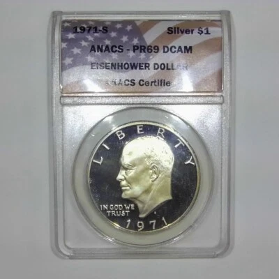 1971-S Silver Eisenhower Dollar ANACS PR69DCAM OFFICIAL "PEG LEG" BB014 - Image 1 of 2