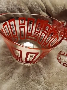MCM Jeanette Glass Ice Bucket Red Gold 6 Whiskey Glass Ashtray Atomic Starburst - Picture 1 of 10