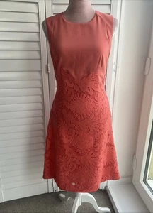 REISS CORAL CREPE DE CHINE LACE-WORK SKIRT, A-LINE OCCASION DRESS - UK 8 XS - Picture 1 of 19