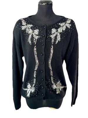 Cárdigan Suéter Vintage Negro Plateado Lentejuelas Cuentas Seda Angora Vacaciones M/L Foto 1 de 4