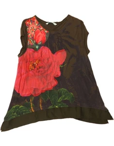 DESIGUAL Womens Asymmetric Tunic Top UK 12 Medium Khaki Floral Viscose JC01 - Picture 1 of 3