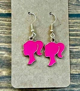 Hypoallergenic Dangle Earrings Hot Pink Barbie Silhouette Gift Girl Birthday RTS - Picture 1 of 1